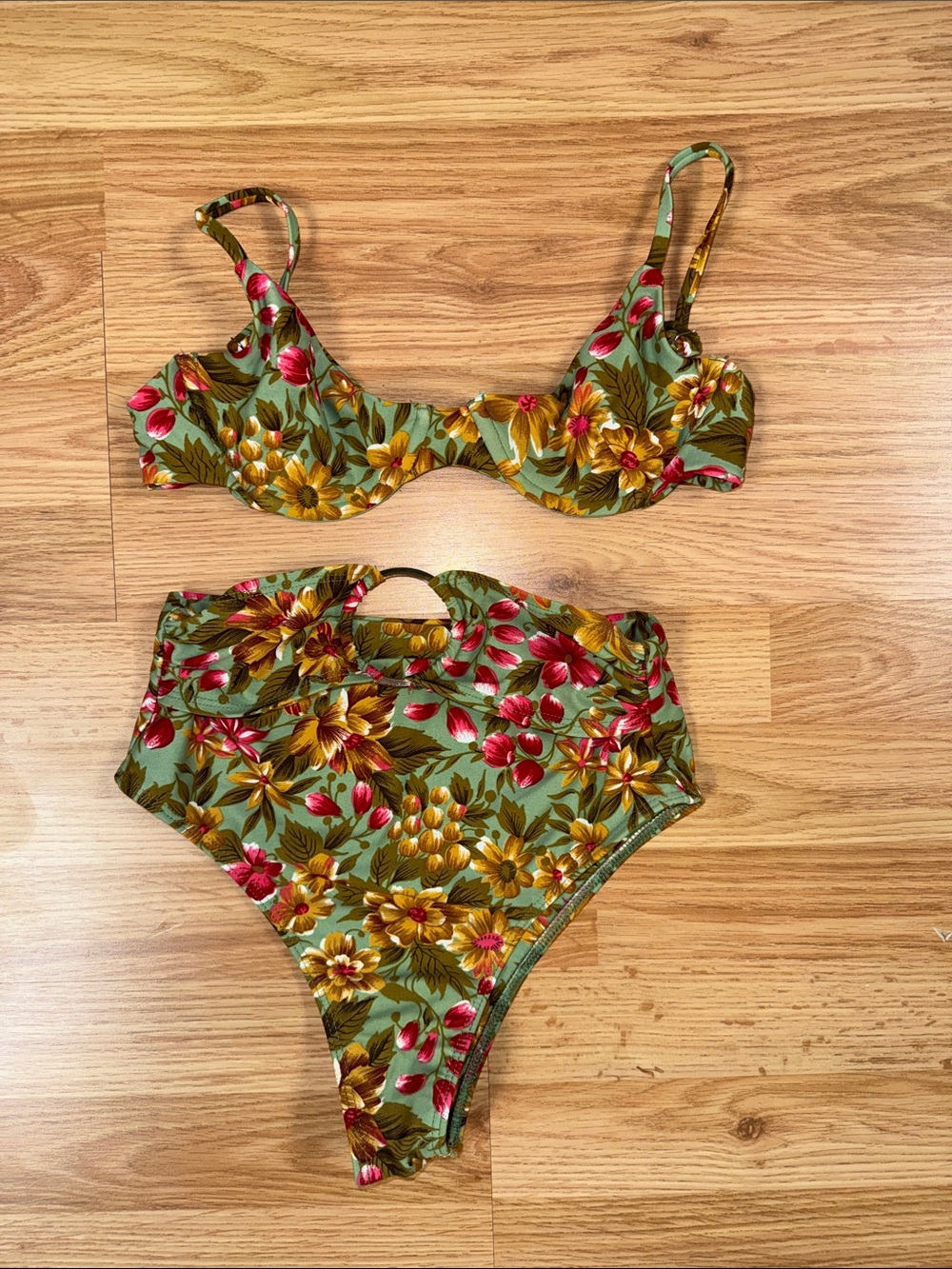 Ellejay Floral Green High-Waist Kids One-Piece Swim Set